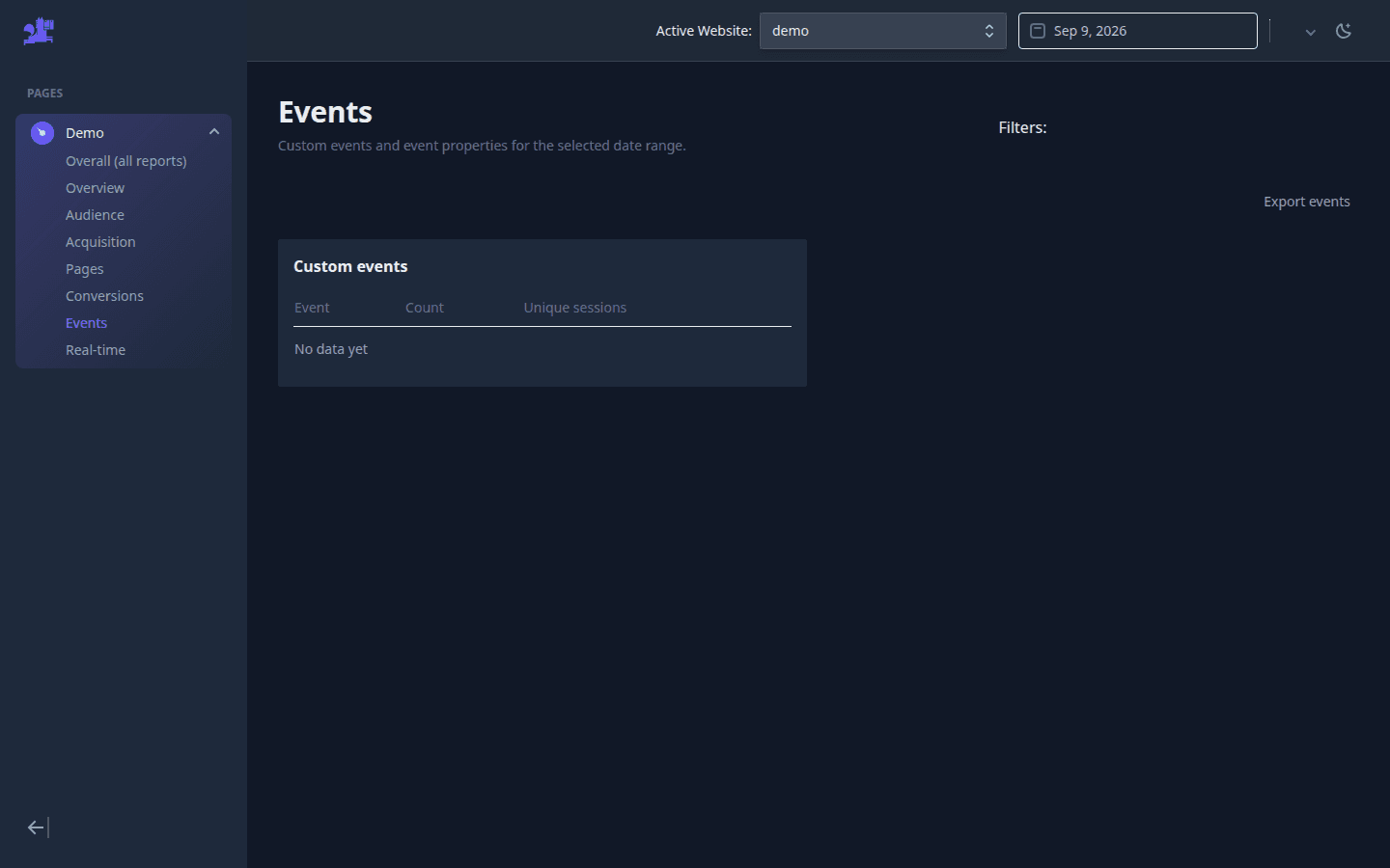 Atribusi Events page with custom event counts and an export events control