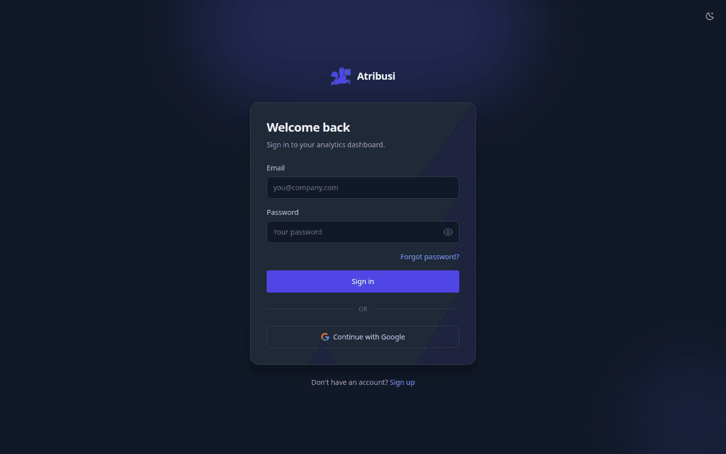 Atribusi sign in page with email, password, and Google sign in