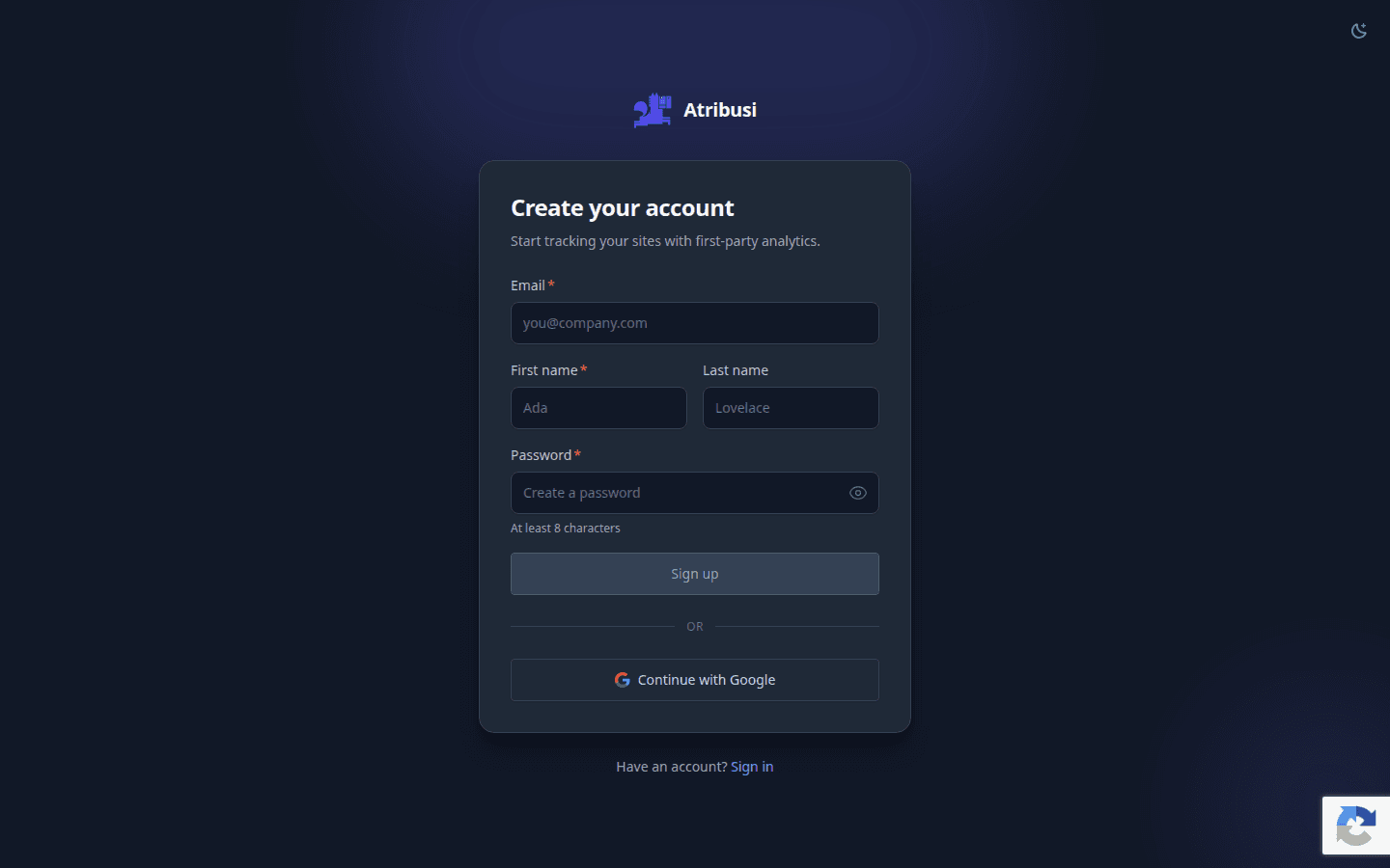 Atribusi sign up page used to create an account before you add a website
